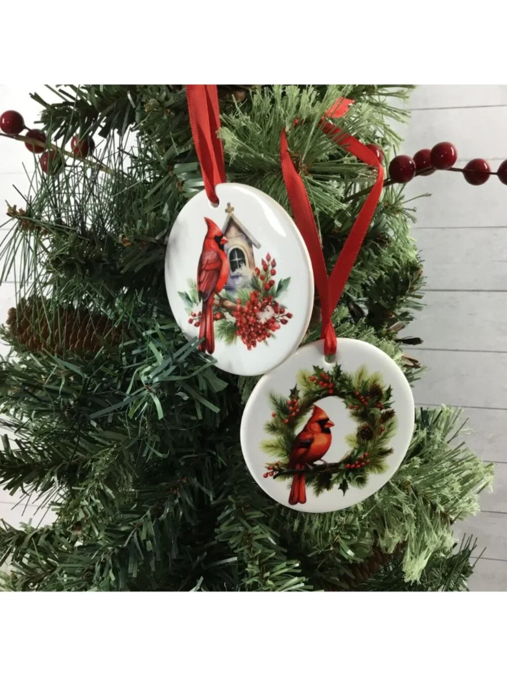 Set Of 2 Cardinal Christmas Ceramic Ornaments With Red Ribbon For Hanging